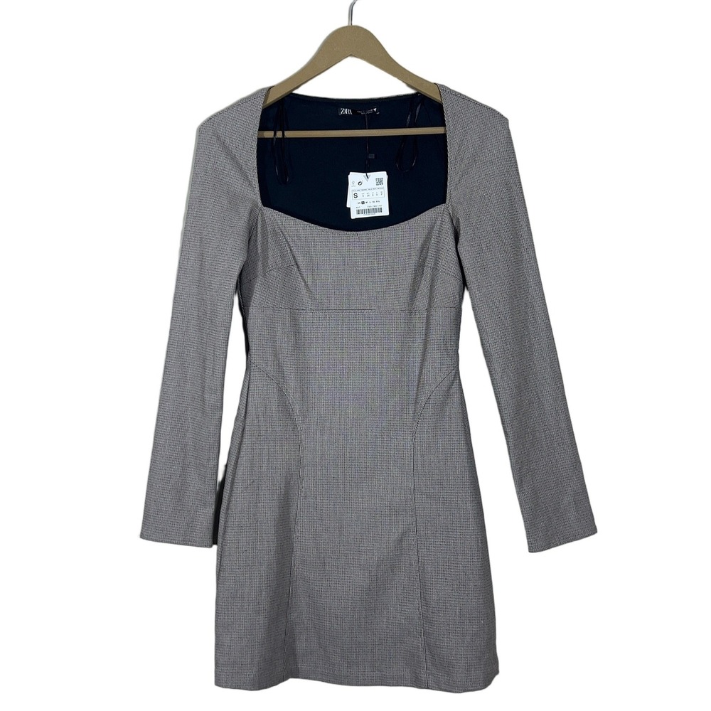 NWT Zara Square Neck Micro Check Mini Dress Grey Long Sleeve Tailored Size S
